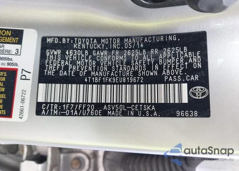 2014 Toyota Camry Se из США, поврежденный, VIN 4T1BF1FK9EU819672